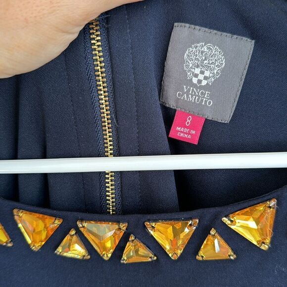 Vince Camuto Navy with Yellow Gold Jewel Neckline Midi Dress 8 - Picture 6 of 6